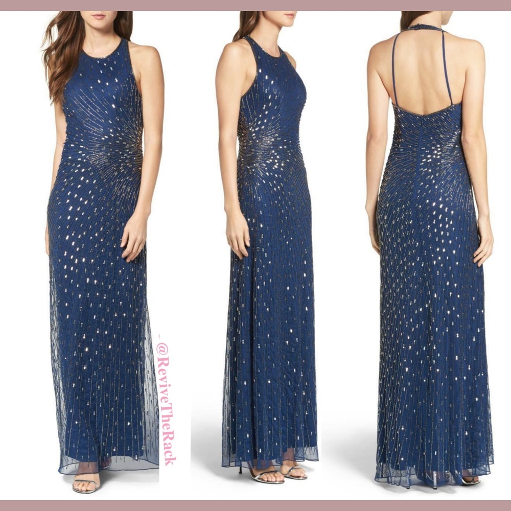NEW Adrianna Papell Mesh Column‎ Gown in Twilight Mercy Blue [SZ 2 ]